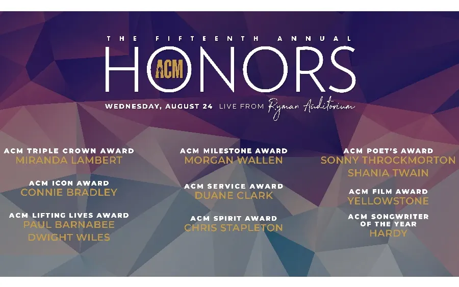 Academy of Country Music® Announces Special Award Honorees Including Miranda Lambert, Chris Stapleton, Shania Twain, Morgan Wallen, and Yellowstone